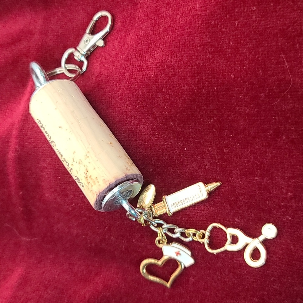 NURSE MEDICAL Stethoscope Wine Cork Key Chain Purse Charms - Upcycled NWT